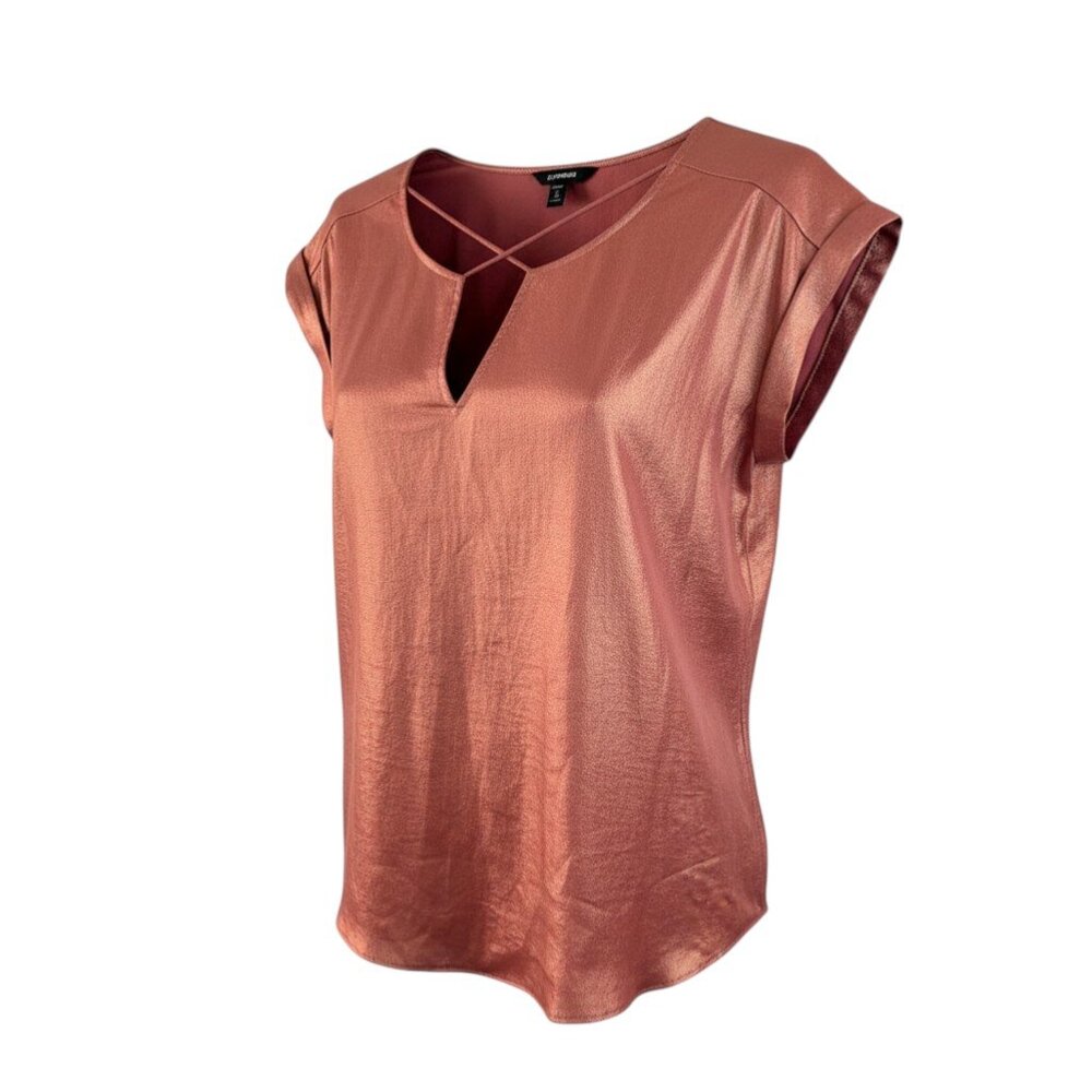 Express Petite Satin Rose Gold Cross Strap V-Neck Cap Sleeve Top MP - Picture 3 of 5